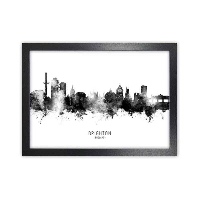 Brighton England Skyline Black White City Name by Michael Tompsett - Print, Black Framed, 64cm H x 88cm W x 3cm D