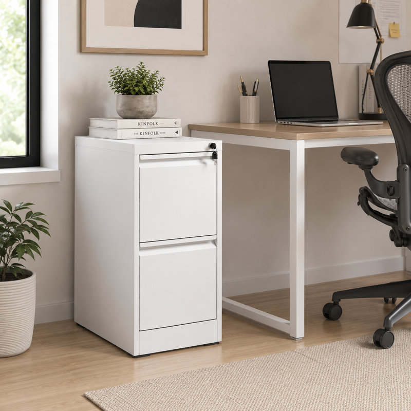 Classeur vertical blanc à 2 tiroirs avec serrure et verrouillage, tiroirs à extension complète avec tringles de suspension pour dossiers légaux et A4, rangement mural pour bureau personnel