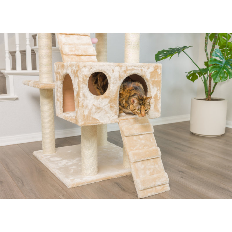 Beige Multi-Level Sisal Cat Tree with Playhouses and Ramps