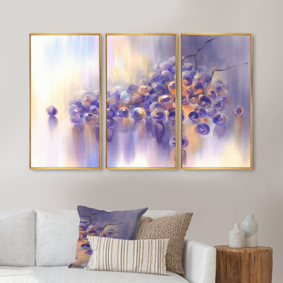 «Painted Impression of Bunch of Purple Grapes», ensemble de 3 reproductions encadrées sur toile