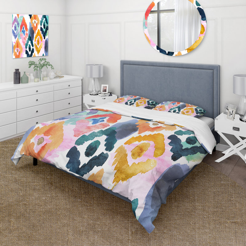 Ornement orange, bleu et vert - Ensemble de housse de couette moderne - Polyester en microfibre