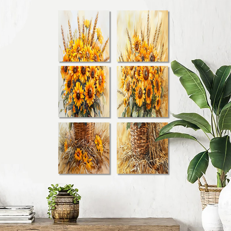 Tournesols Golden Harvest Arrangement - ensemble d'art mural en toile florale de 6, Toile tendue, Ne s’applique pas