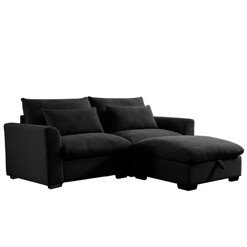 Velours côtelé pour la chambre à coucher - Canapé-lit 2 places avec soutien à la taille, 2 coussins noirs et salon de rangement rond et confortable (noir