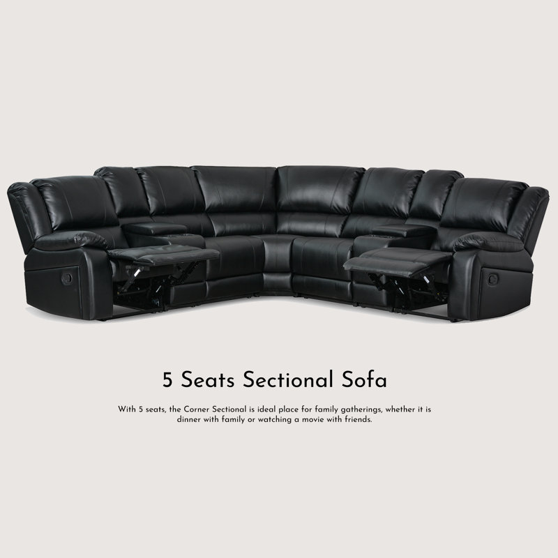 109" Wide Reversible Reclining Corner Sectional, Black Faux Leather