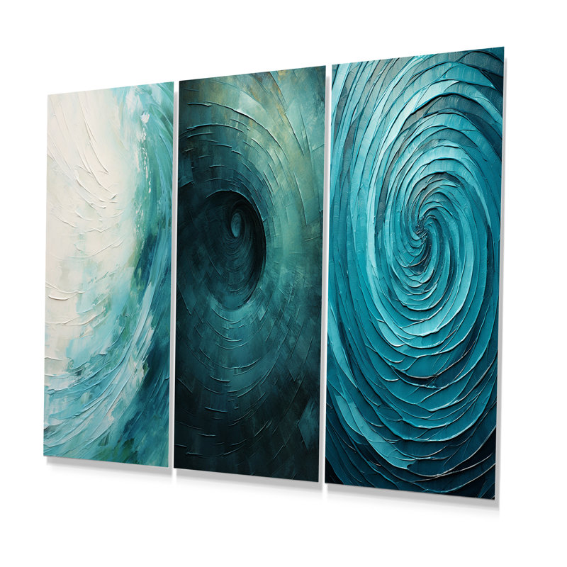 Bleu sarcelle torsadant la tranquillité en spirale - ensemble de 3 peintures murales abstraites en métal, H 28 po x l 36 po