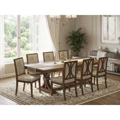 9-piece Kitchen Table Set consists of a Dining Table and 8 Dark Grey PU Leather Dining Chairs with High Back - Antique Walnut Finish