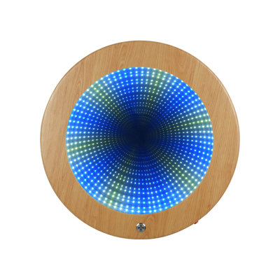 Round Infinity Mirror Sensory Light – Smooth Wooden Frame, Rechargeable, Multi-Colour LED Lights with Metal Button for Relaxation,Autism Therapy and Home Décor