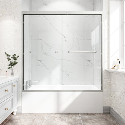 55"-60" W X 60" H Brushed Nickel Double Bypass Sliding Shower Door, Aluminium Alloy Frame, 1/4" 6mm Tempered Glass With Nano - Proof Film, Safe For Bathroom Use Nano Protection, Easy One Person Setup