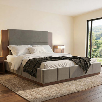 Structure de lit plateforme tapissier avec tête de lit en bois allongée, lit moderne avec base en bois, aucun sommier tapissier requis