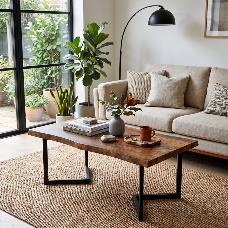 120cm Industrial Coffee Table with 4cm Thick Live-Edge Top & Trapezoidal Steel Legs