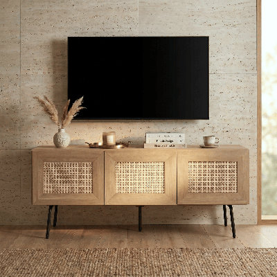  Mossic TV Media Cabinet with 3, 4 Doors for TVs, Entertainment Center with Natural Rattan, Metal Legs, Modern Storage Console for Living Room and Bedroom, Effortless Assembly