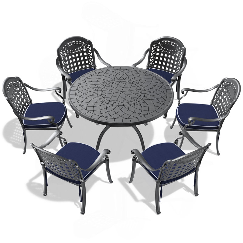 Ensemble de 7 pièces de mobilier de patio en aluminium coulé avec cadre noir et coussins de siège bleus, 6