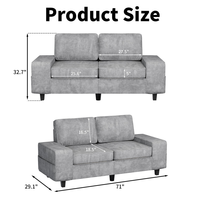 Upholstered Sofa with Storage, Gray, 34.2"H x 29"W x 70.9"D