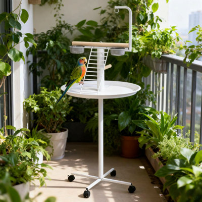 Support à oiseaux facile à déplacer avec roulettes, bols d'alimentation, plateau rond et station d'alimentation pour oiseaux