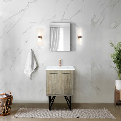 Meuble-lavabo rustique 24 po L 20 po x P 20 po avec comptoir en marbre de culture et robinet or rose - Scratch - 18 miroirs inclus