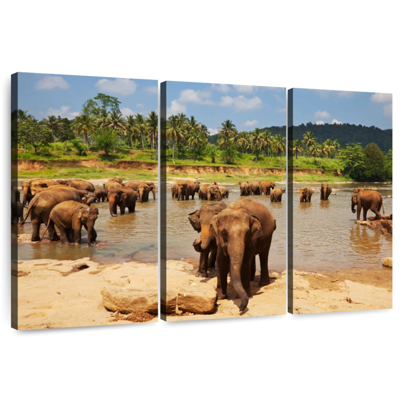Brampt River Bathing Elephants, 42" H x 65" W