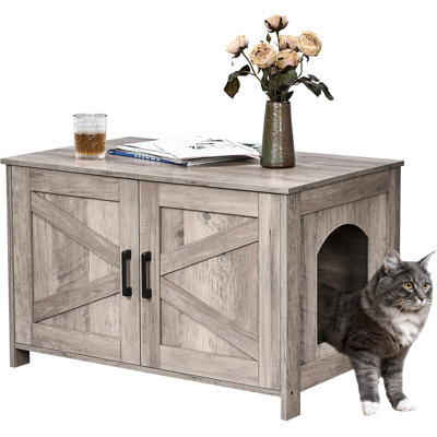 31.5" L Cat Litter Box Enclosure with Barn Door, Greige Wooden Cat Washroom Furniture, Cat House, Pet Storage Cabinet, Dog-Proof, Fit Most of Litter Box, Farmhouse Style
