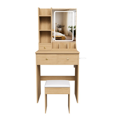 Meuble-lavabo moderne en noyer avec miroir DEL, 3 tiroirs, prise de courant, support pour sèche-cheveux et tabouret
