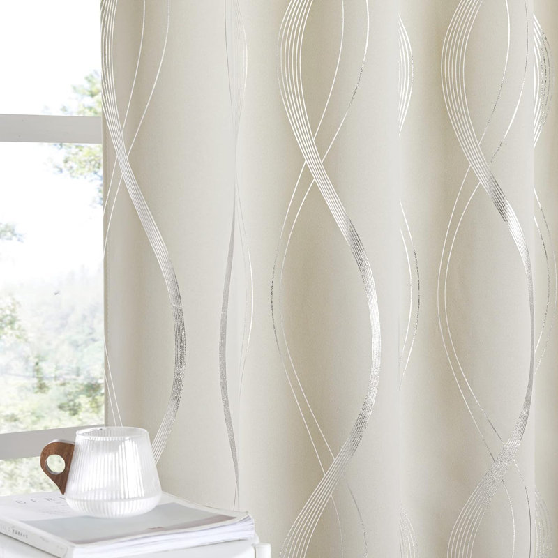 Blackout Striped Pattern Curtains, Window Treatment Thermal Insulated Solid Grommet Blackout Wave Line Foil Print Design Curtains for Living Room (Set of 2, 52 by 84 Inch, Beige)
