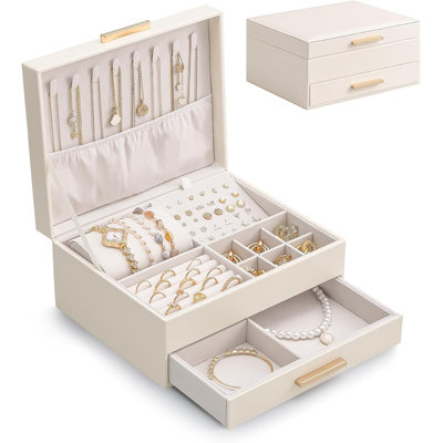 2-Layer Jewelry Box Organizer, Jewelry Storage Case Holder with Drawers, Holiday Gift for Women -White