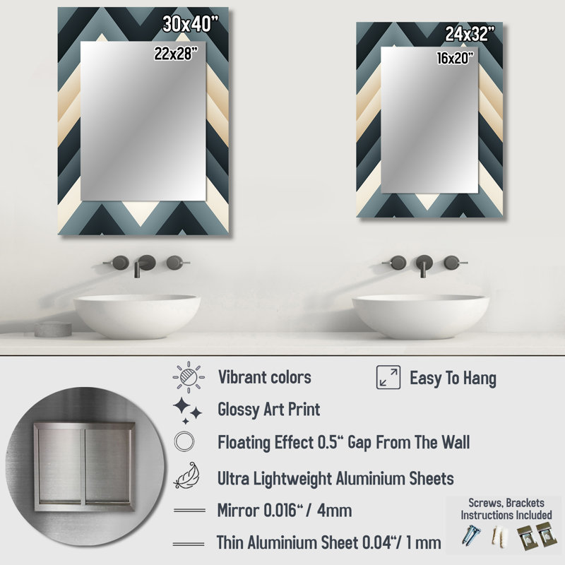 Motif à chevrons géométriques gris et blanc - miroir décoratif à chevrons, miroir mural à chevrons, impression sur métal