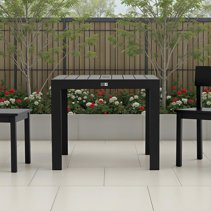 Bisharah Square Metal Outdoor Dining Table With Umbrella Hole , 35.5'' in. W 35.5'' in. D, Black