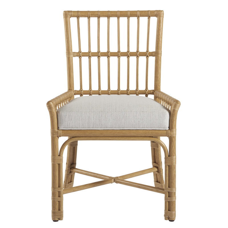 White Rattan and Cane Upholstered Arm Chair