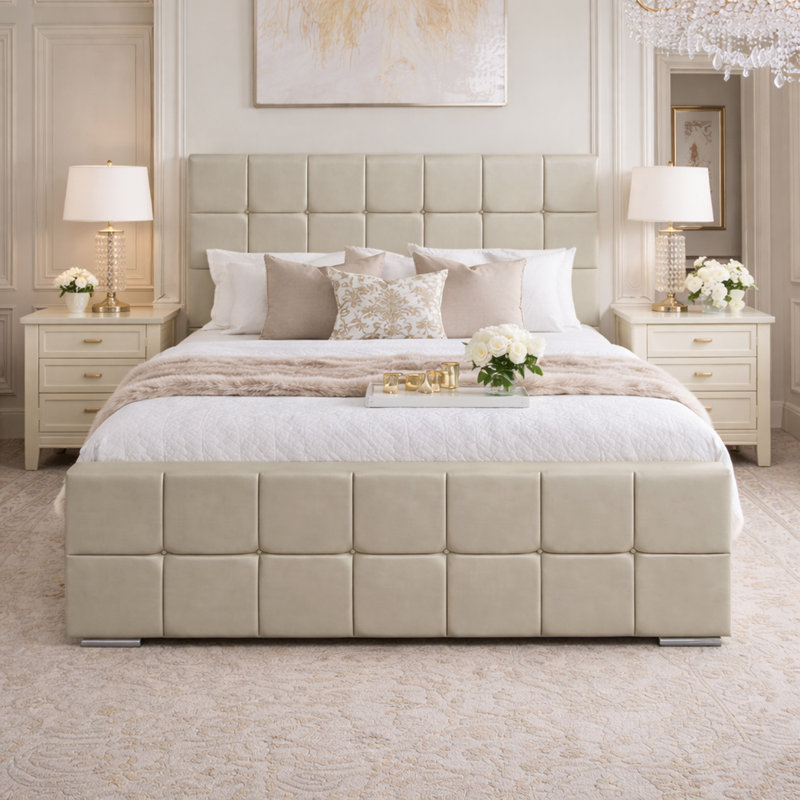Upholstered Velvet Bed, Small Double (4'), Coffee