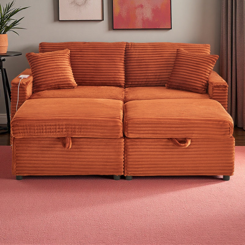 Comfortable Fluffy Corduroy Lazy Sofa, Storage Space For Big Loveseat, Super Soft Chaise Lounge With Double Ottomans And Table Board,Suitable For Chailiving