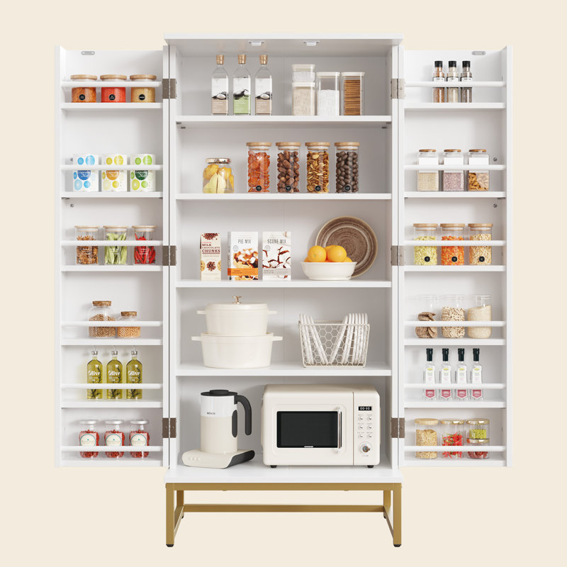 Garde-manger de 51 po de hauteur avec base en métal doré - rangement de cuisine autoportant, tablettes réglables, finition écologique