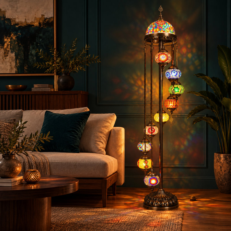Lampe sur pied en mosaïque turque à 11 lumières, lampe bohémienne 66,9 "pour le salon
