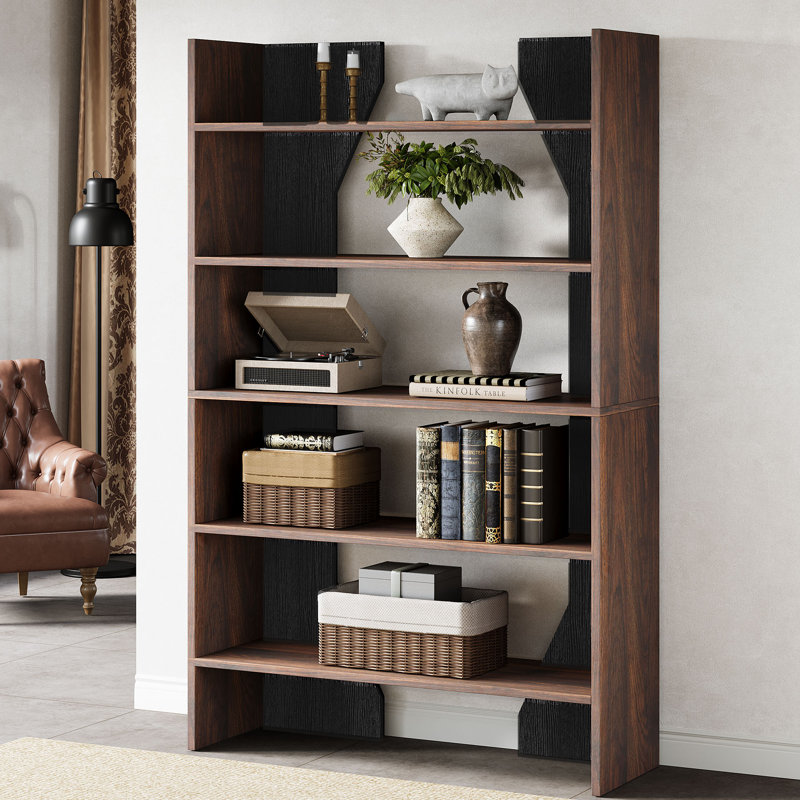 Bibliothèque en bois à 5 niveaux avec tablettes de rangement ouvertes