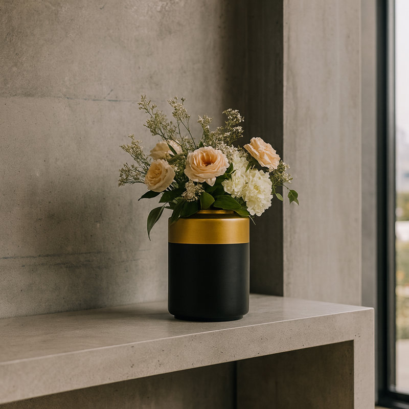Dounia Handmade Black and Gold Ceramic / Porcelain Table Vase, 7.5" H x 5.75" W x 5.75"D