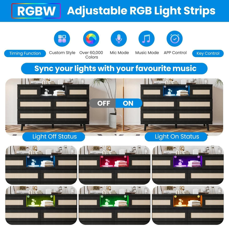 6 Drawer Natural Rattan Dresser With RGB LED Lights And Charging Station，Stylish Bohemian Design For Bedroom,Living Room,Nursery & Closet，Black