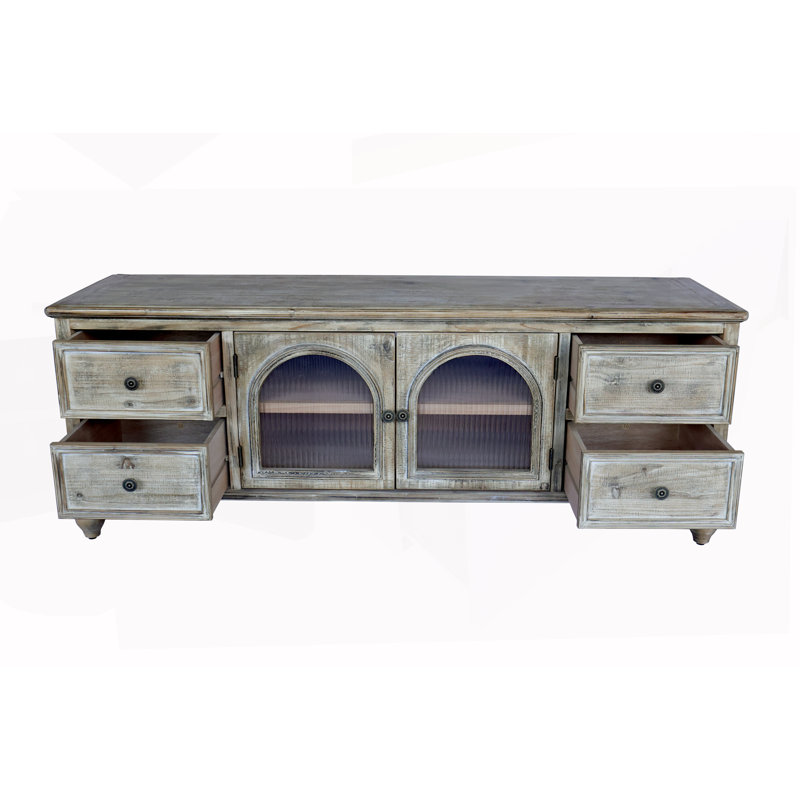 Meuble télé rustique avec 4 tiroirs et 2 portes en verre, console multimédia en bois vieilli pour un rangement et un style polyvalents