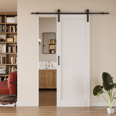 White Primed Finish - Solid Manufactured Wood Sliding Barn Door with Installation Hardware Kit, Soft Close Included (Door - No Assembly Required Need Drill)