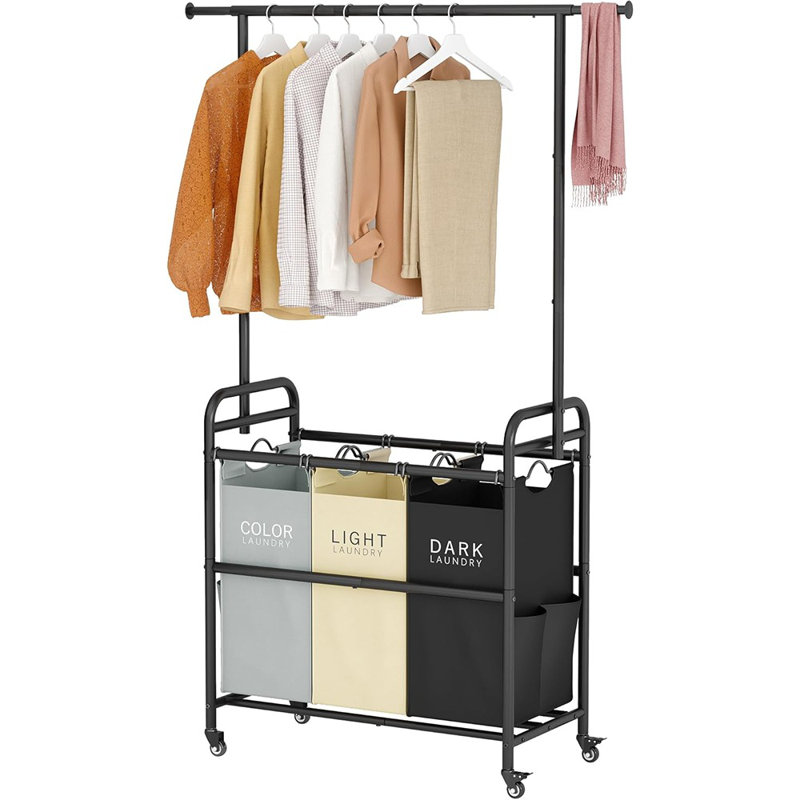 Chariot trieur de linge avec support à vêtements suspendu, 3 ...