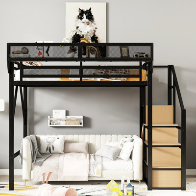 Lit mezzanine double en métal noir avec escalier et tablettes de rangement, haut pour les petites pièces, escalier à poids limité de 350 lb, garde-robe encastré, 54,3 po sous l'espace