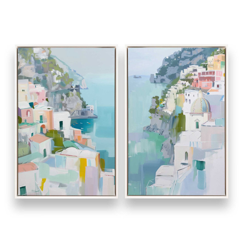 Ensemble de 2 impressions Coastal Village Glow, 18 po x 12 po, Cadre flottant blanc opaque