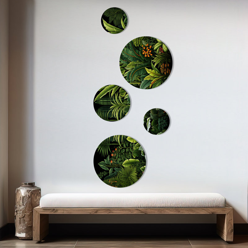 «Rainforest Jungle Plants Landscape», ensemble d'art mural rond 5 pièces Jungle