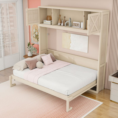 Wooden Murphy Bed with Cabinets and Slats