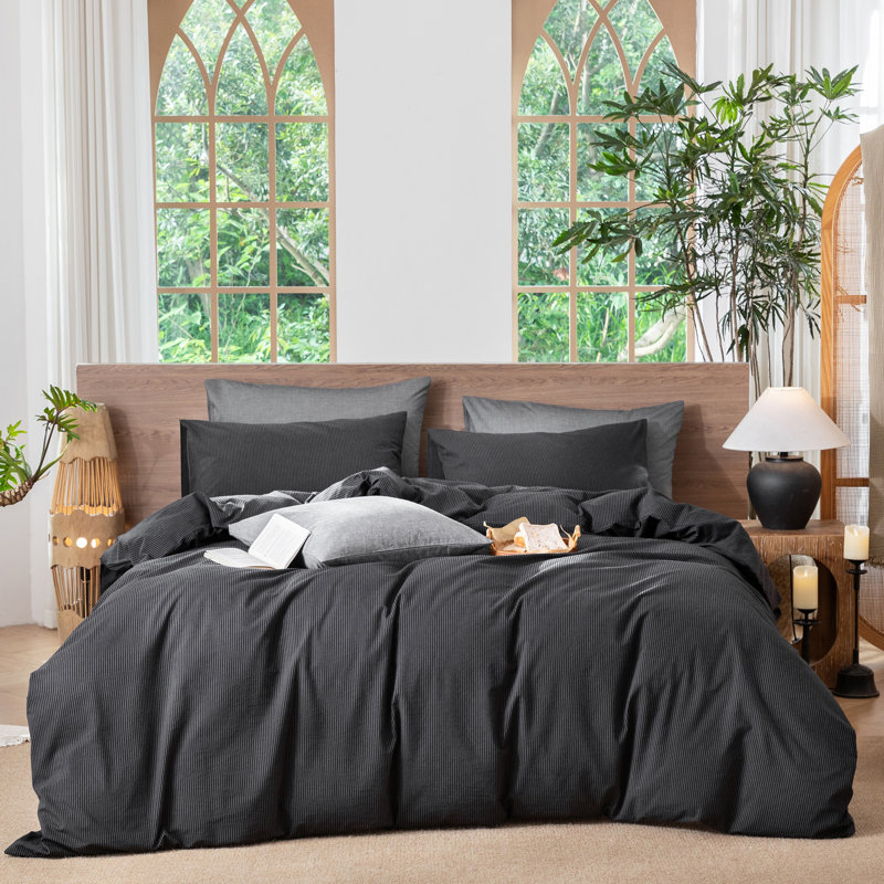 MooMee Striped Duvet Cover Set 100% Washed Cotton Linen Like Textured, King Duvet Cover + 2 King Pillowcases