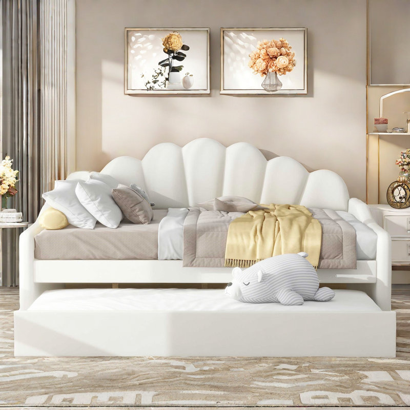 Upholstery Velvet Daybed Frame With Shall Shaped Backrest And Trundle, White
