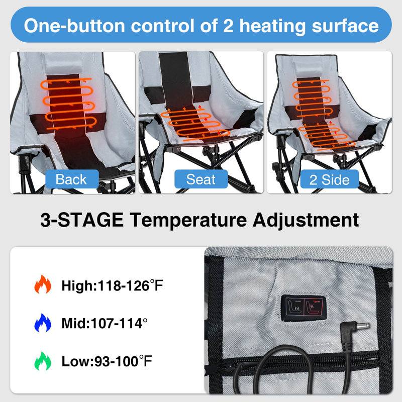 35''W Heated Camping Chair For Outdoor & Indoor With 3 Heat Levels For Back and Seat And Power Bank, Gray