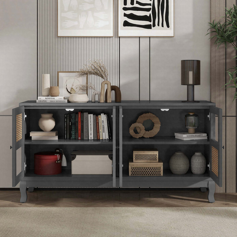 Buffet rétro à 4 portes avec portes en verre et en rotin artificiel, grande armoire de rangement avec tablette réglable, console décorative pour le salon, la salle à manger ou le vestibule