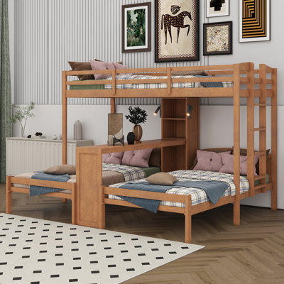 Lit superposé avec bureau et tablettes de rangement, lit superposé triple en bois avec lampe de lecture, mobilier peu encombrant pour enfants et adolescents