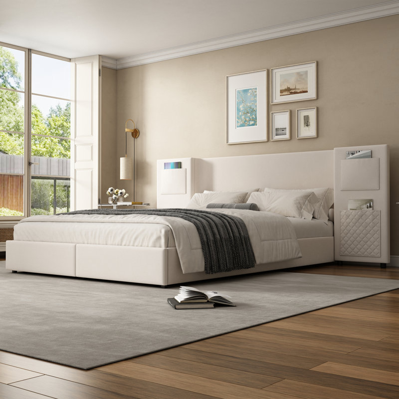 Upholstered Bed With Two Drawers Velvet Beige