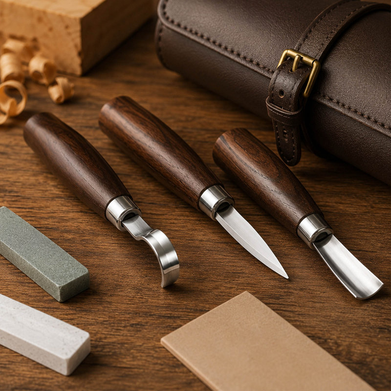 Ensemble de 8 couteaux à découper le bois, poignées en bois de noyer massif, étui à roulettes en cuir
