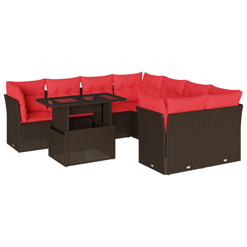 Ensemble de canapé de patio 9 pièces avec coussins en rotin de polyester, Rouge, Brun