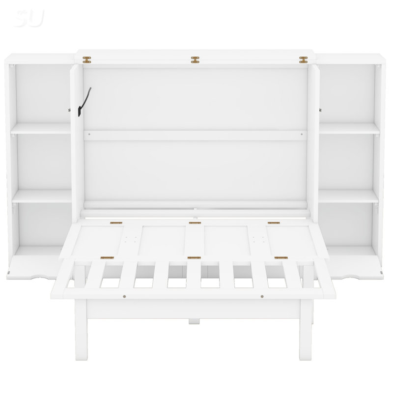 Lit escamotable avec tablettes et tiroirs Murphy, Blanc, Grand lit